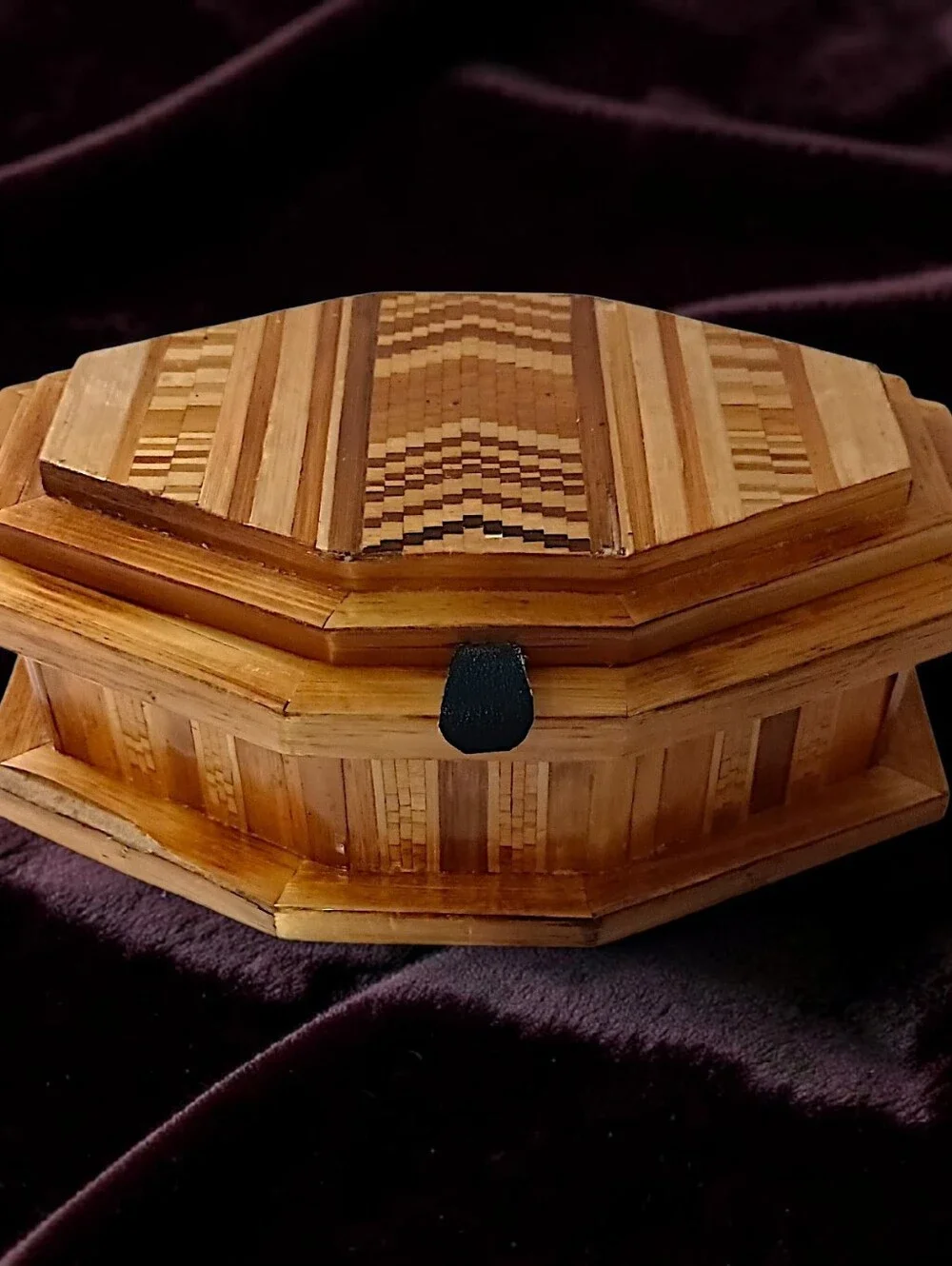 Vtg Straw‎ Bamboo Inlaid Marquetry Trinket Jewelry Box Wood Velvet Tramp Boho